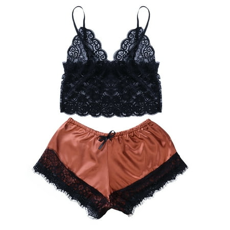 

Ehfomius Women s Sleeping Pajamas Set Soft Touch Patchwork Sling Bra + Smooth Briefs