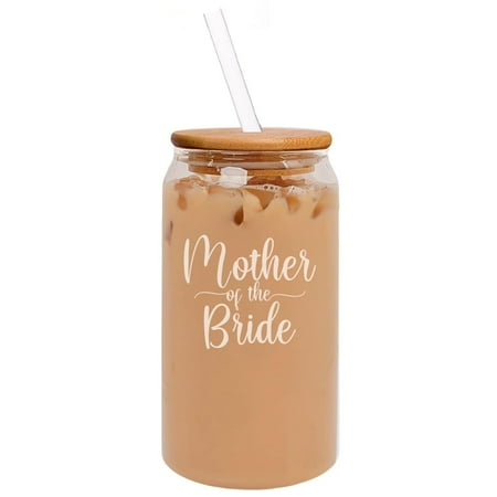 16oz Can Shaped Glass Iced Coffee Cup with Bamboo Lid and Straw Gift Mother Of The Bride