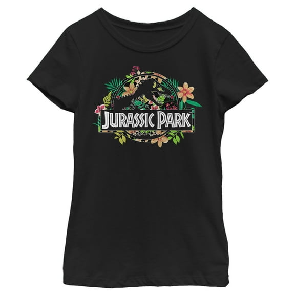Girl's Jurassic Park Tropical T-Rex Silhouette Graphic Tee Black Medium