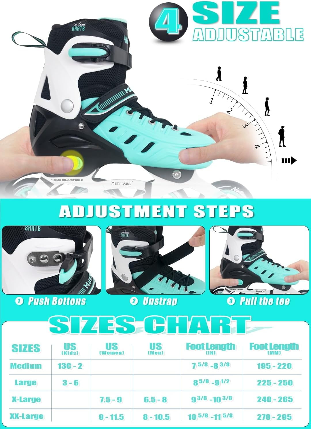 MammyGol Adjustable Inline Skates for Youth & Adults PU Wheels Safety Brake Teal (Teen Boys, Girls, Beginner-Friendly)