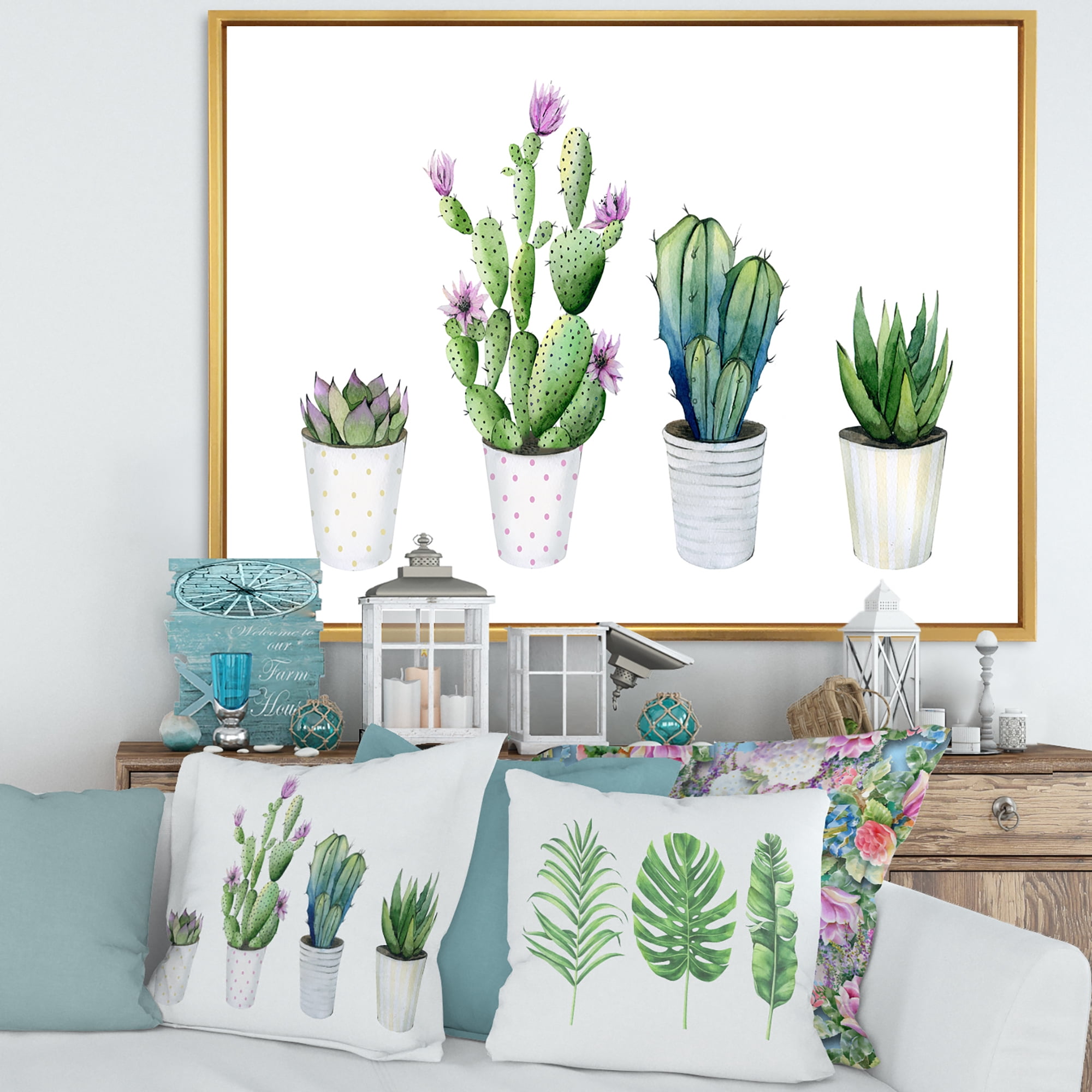 Designart 'Aloe Vera Cactus Succulent Home Plants In The Pots' Farmhouse Framed Canvas Wall Art Print