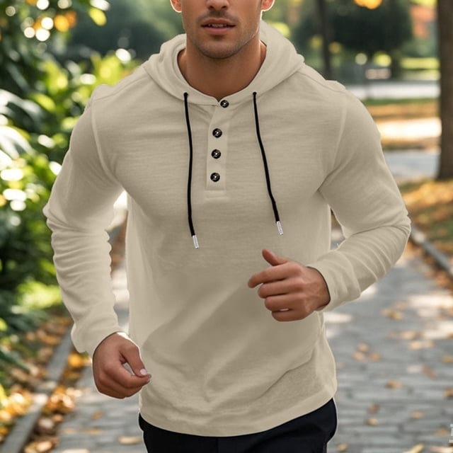 Handshe Men's Stylish Leisure Solid - Color Button Drawstring Hooded Long - Sleeve Loose Coat