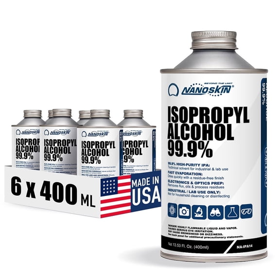 Nanoskin 99.9% Isopropyl Alcohol (IPA) – High-Purity Technical Grade Alcohol for Industrial & Laboratory Use, Fast Evaporating, Low-Residue Formula – 13.5 fl oz (400 mL), 6-Pack