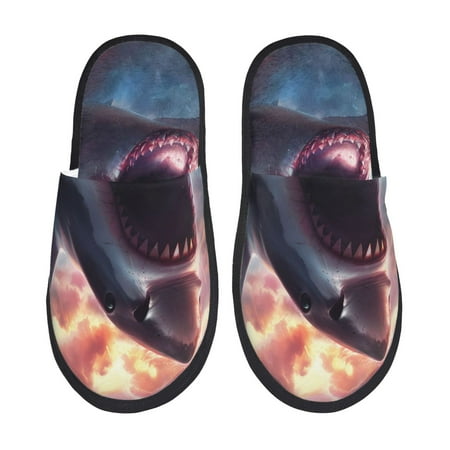 

Fuzoiu Dramatic Shark Attack Print Unisex Furry Slippers Plush Indoor Shoes Trendy House Slippers Anti-Skid EVA Sole House Shoes for Home Office and Travel -Large