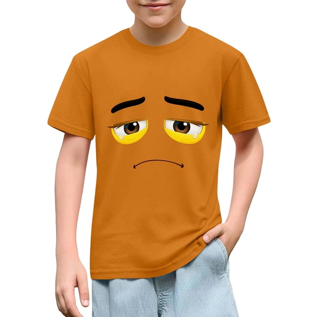 Blusas y camisas de manga corta con cuello redondo para niños y niñas, color liso, con estampado de expresión linda, manga corta, holgadas y cómodas, blusa para niña