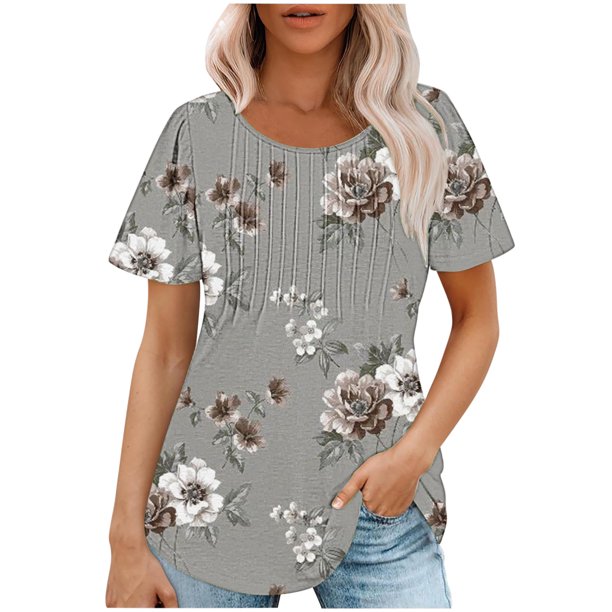 Fiudx Tops para Mujer Top Estampado con Cuello Redondo y Manga Corta Informal para Mujer a La Moda
