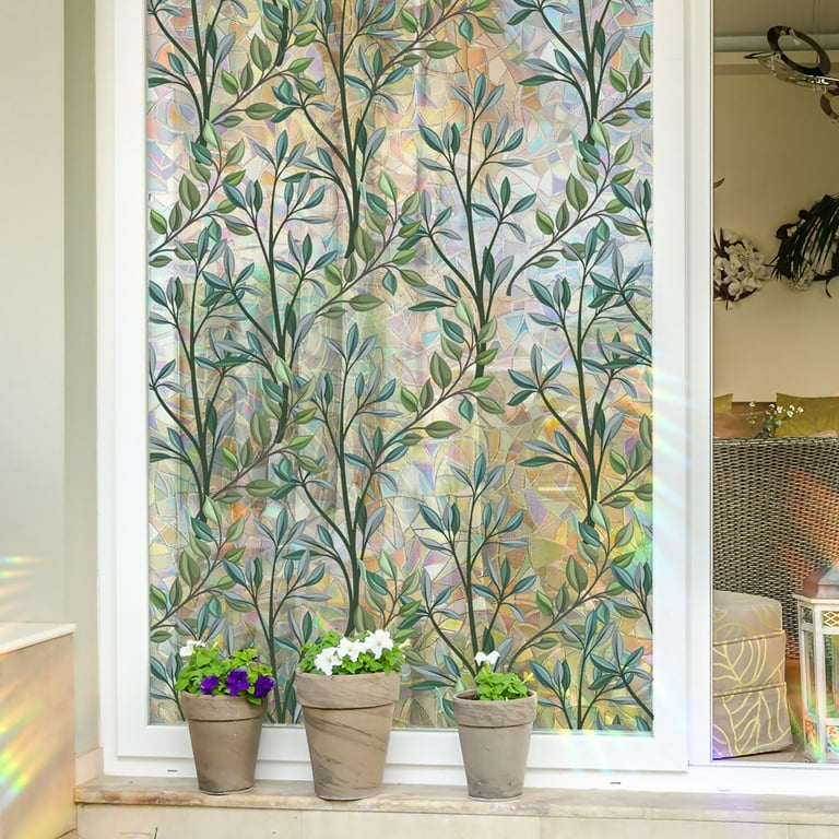 3D Static Cling Window Film Self Adhesive Window Covering Decorative Green Leaves Privacy Film for Window