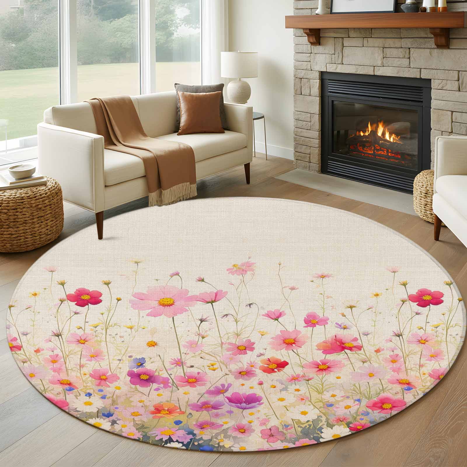 Non-Slip Rug Pad Rugs Watercolor Farm Blossom Flower Round Area Rugs 8Ft Soft Carpet Pads for Living Room Kids Room Garden Floral on Linen Burlap