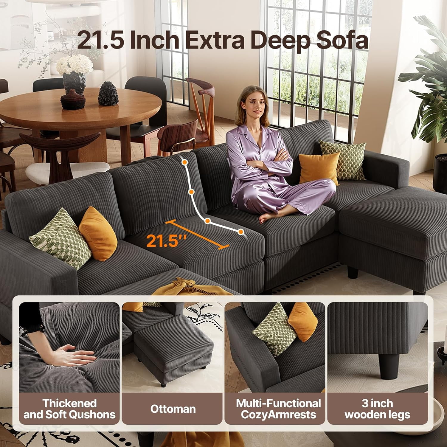 AENKYO U-Shaped Sectional Sofa Couch with 2 Ottomans, Convertible 4-Seat Living Room Furniture with Removable Cushions, Gray