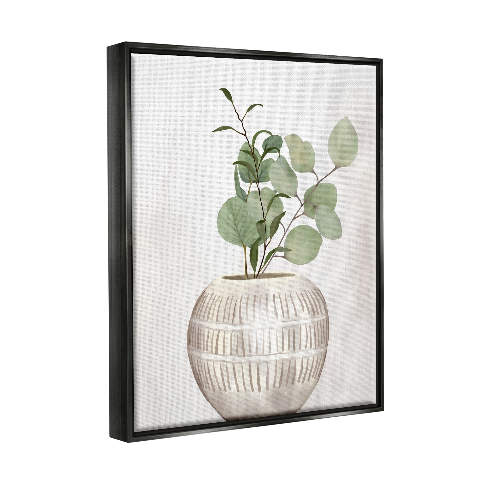 Stupell Industries Potted Herbal Plants Round Leaves Patterned Vase Painting Jet Black Floating Framed Canvas Print Wall Art, Design by Kim Allen