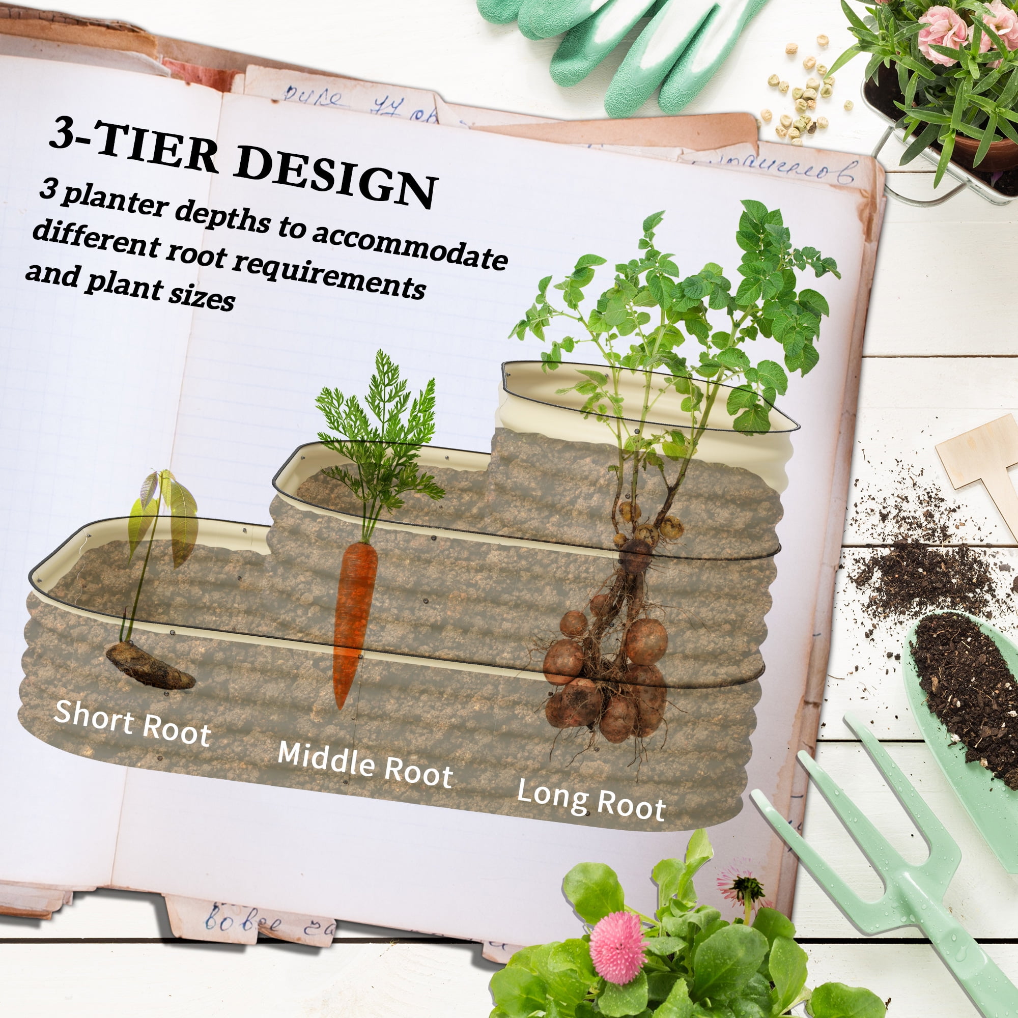 3-Tier Galvanized Steel Raised Garden Bed Kit, 3 Combining Planter Boxes with Rubber Strip Edging, Open Bottom for Backyard, Garden, Patio, Cream White
