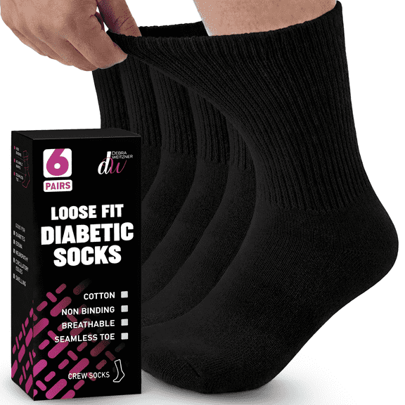 Debra Weitzner Cotton Diabetic Socks Non-Binding Socks with Heel Cushion, 13/15 Black 6 Pairs