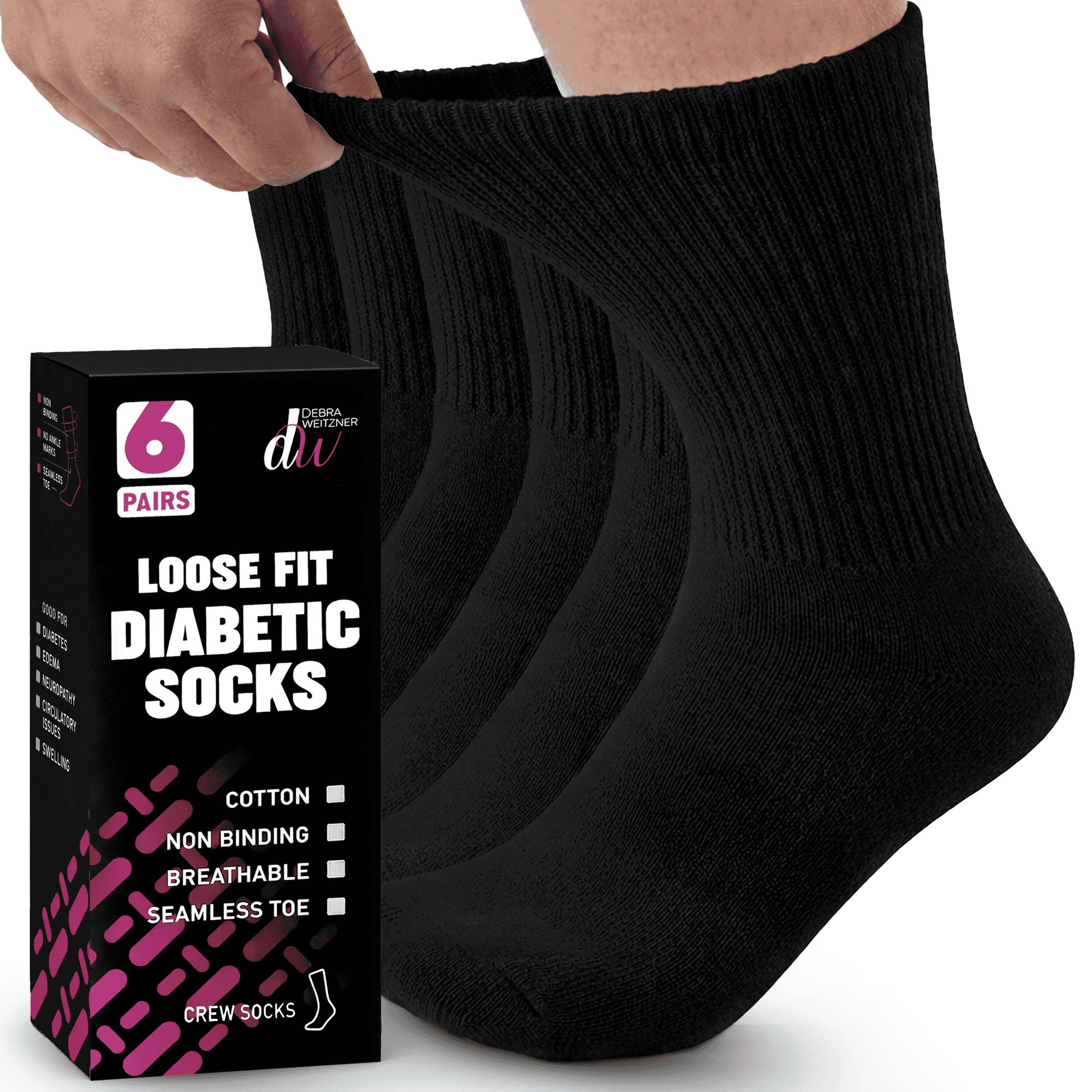 Debra Weitzner Diabetic Socks For Men and Women Loose Fit Non-Binding Cotton Crew Socks 10/13 Black 6 Pairs