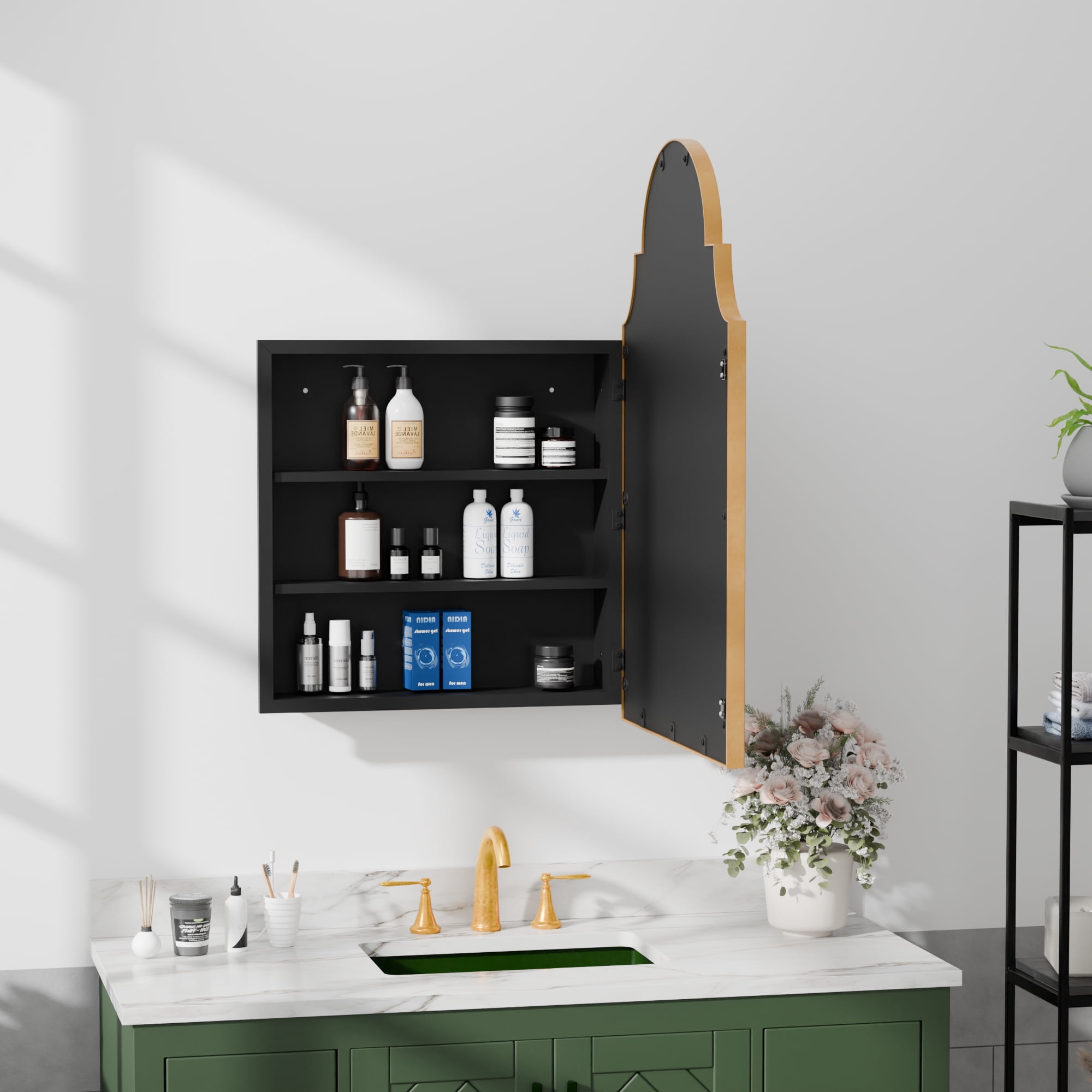 MAYEERTY 30x20x5 Inch Gold Metal Arched Medicine Cabinet for Bathroom