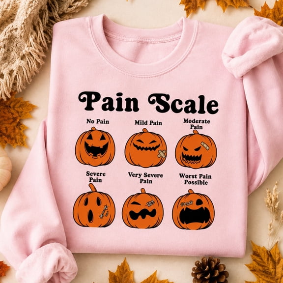 Pain Scale Pumpkin Halloween Medical Humor Graphic Crewneck Sweatshirt, Unisex Fit