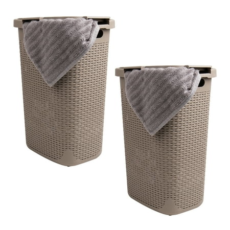 Mind Reader 60L Slim Laundry Hamper, Clothes Basket, Lid, Wicker Style, Plastic, 17.65"L x 13.75"W x 24.15"H, Set of 2, Tan