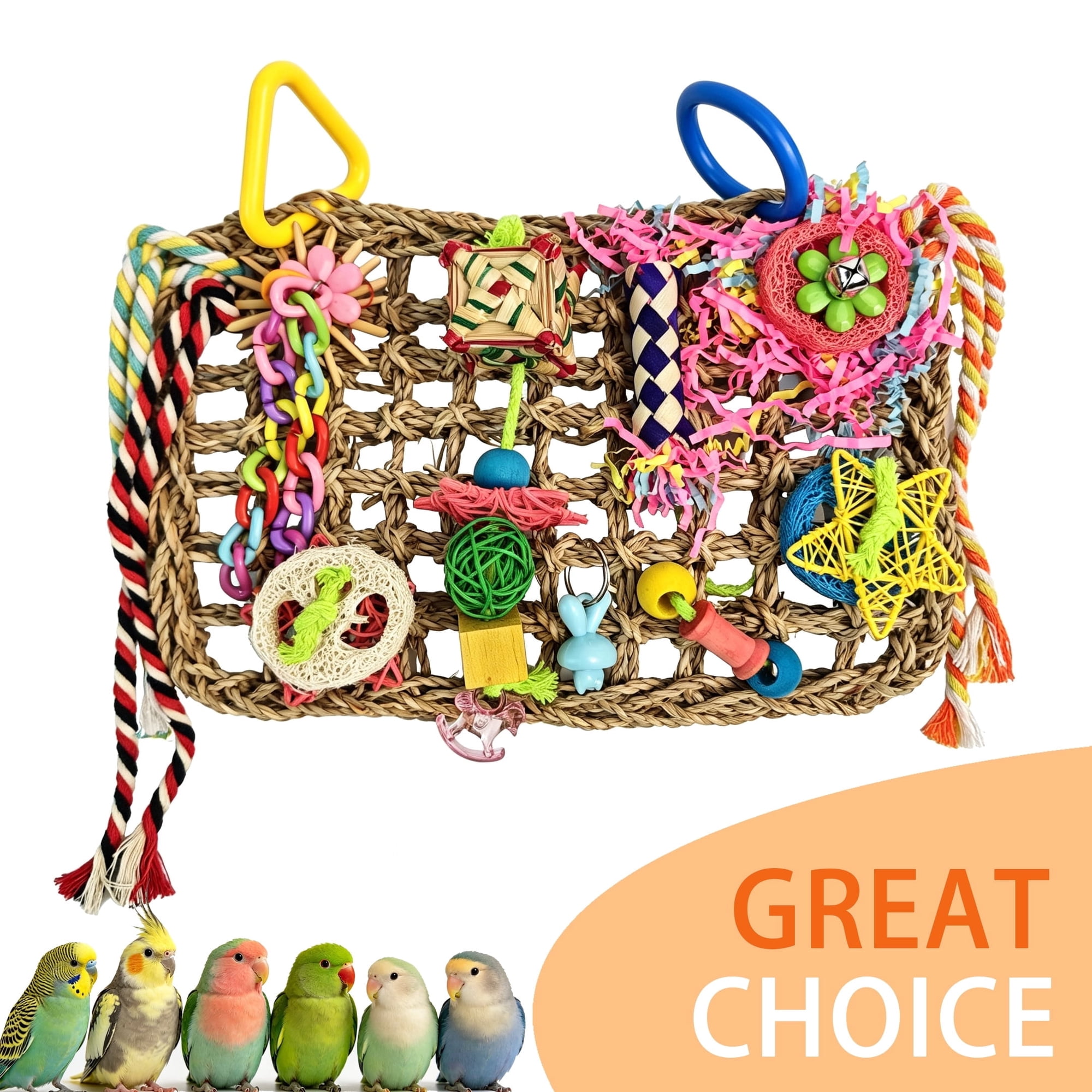 BellaNotes Bird Toys, Bird Foraging Wall Toy, Edible Seagrass Woven Climbing Hammock Mat with Colorful Chewing Toys, Suitable for Lovebirds, Finch, Parakeets, Budgerigars, Conure, Cockatiel