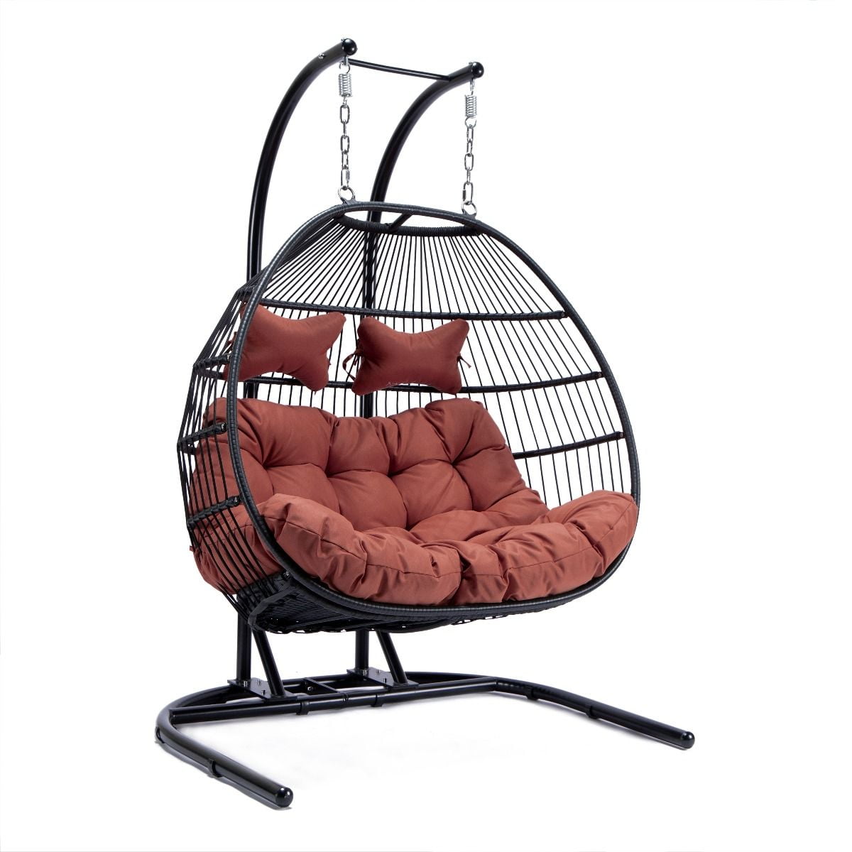 LeisureMod Patio Black Wicker 2 Person Double Folding Hanging Egg Swing Chair in Cherry image