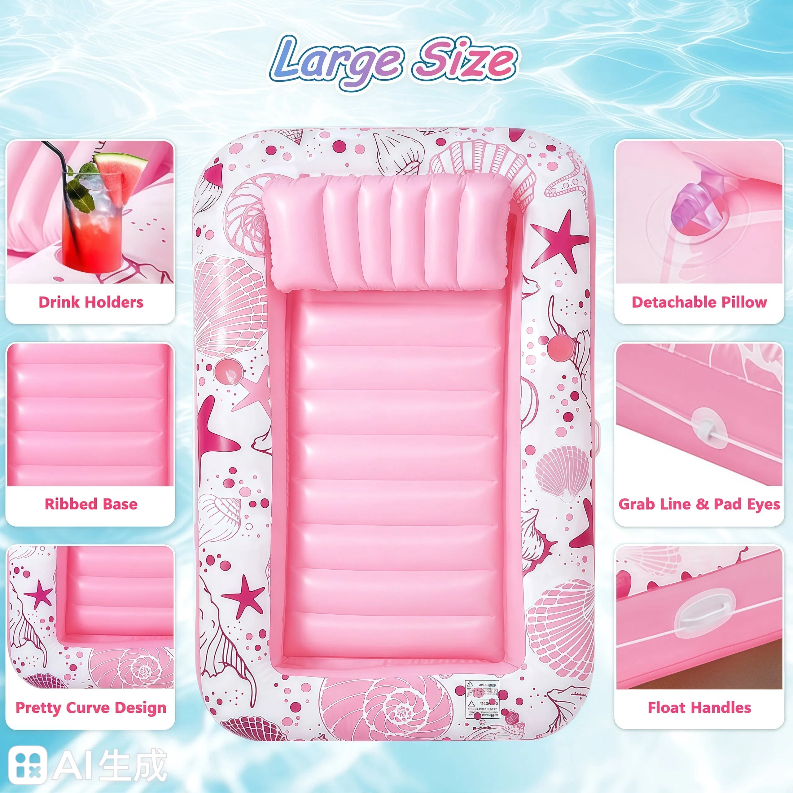Teblint Inflatable Tanning Pool Rafts for Adults, 70" x 46" Pool Floats with Pillow, 4-in-1 Suntan Tub Raft Floatie, Sunbathing Bed Lounge for Water Backyard, Blow up Kids' Ball Pit, Pink