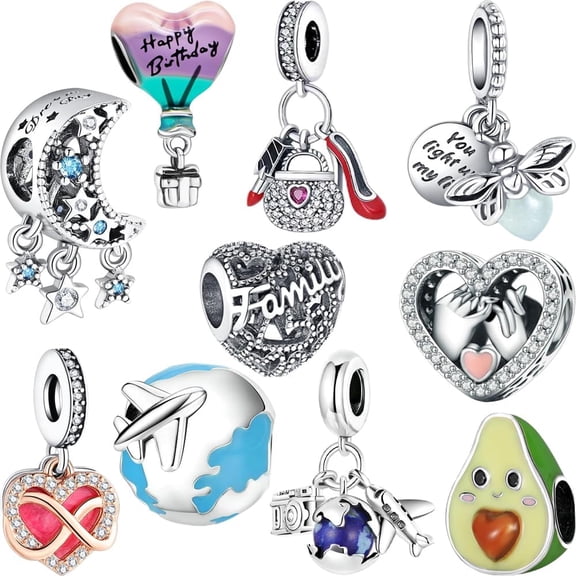 DESIGNICE 10 Pack Silver Bead Charms Compatible with Charms Bracelet Necklace, Silver Charms for Bracelets for Women, the Pendant Dangle Beads with Cubic Zirconias Are the Perfect Jewelry Gift