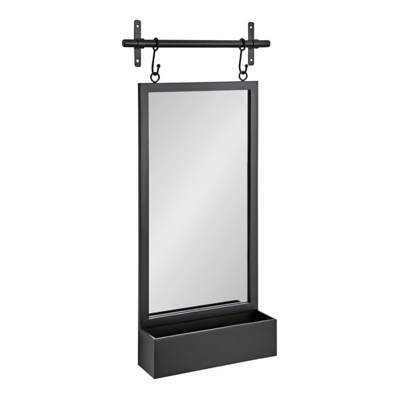 Kate and Laurel Gammons Metal Framed Wall Mirror With Storage Shelf, 18" x 39", Black, Hanging Barn Door-Inspired Accent Mirror