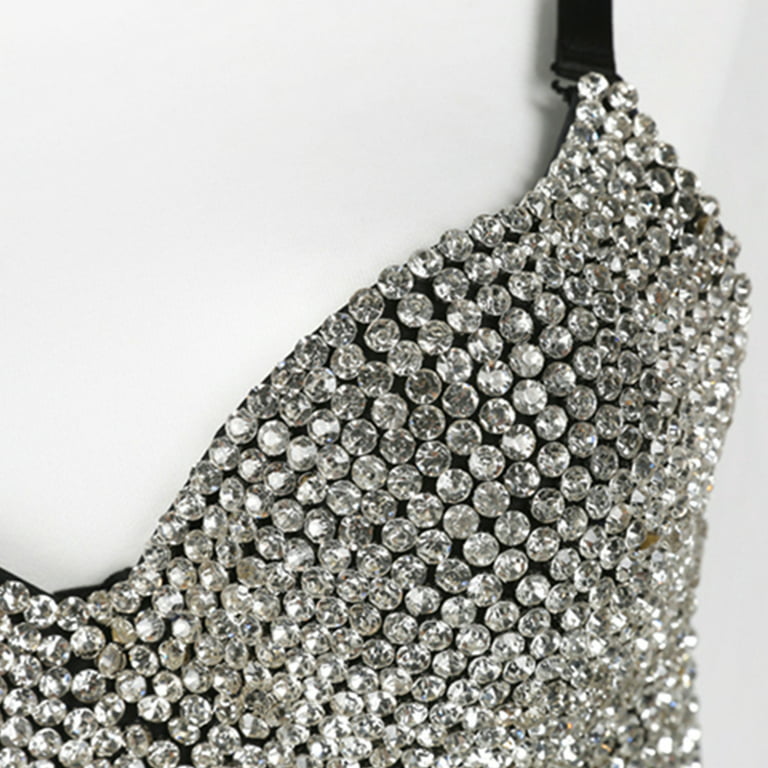 Luxury Rhinestone Sequined Push Up Diamante Bra For Women Silver