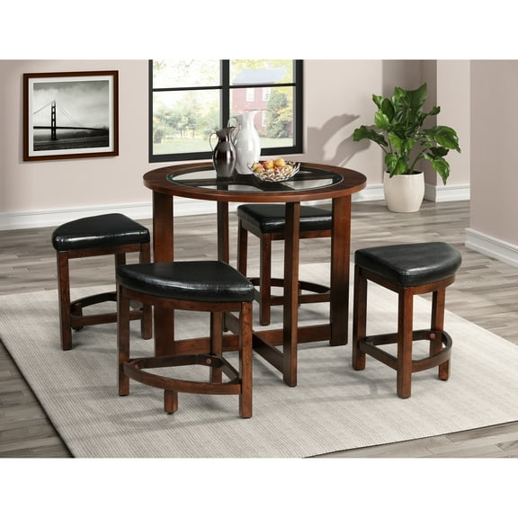 4 Dining With Wood Frame And Glass Top Round Table, 4 Black Bonded Leather Stools Modern Table Surface Seating