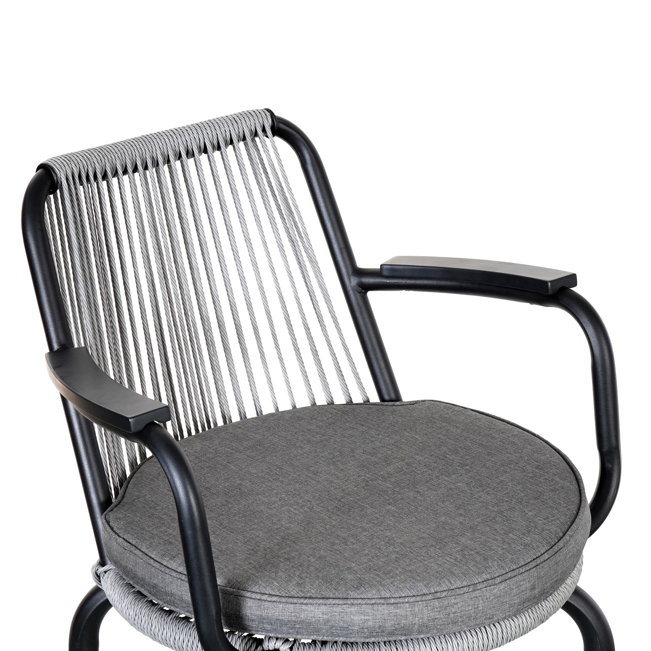 Lyric Modern 29" Outdoor Patio Bar Stools, Bar Chairs with Wood Grain Finish Frame with Hand-Woven PE Rattan Rope, Removable Cushions, Black+Gray, Set of 2
