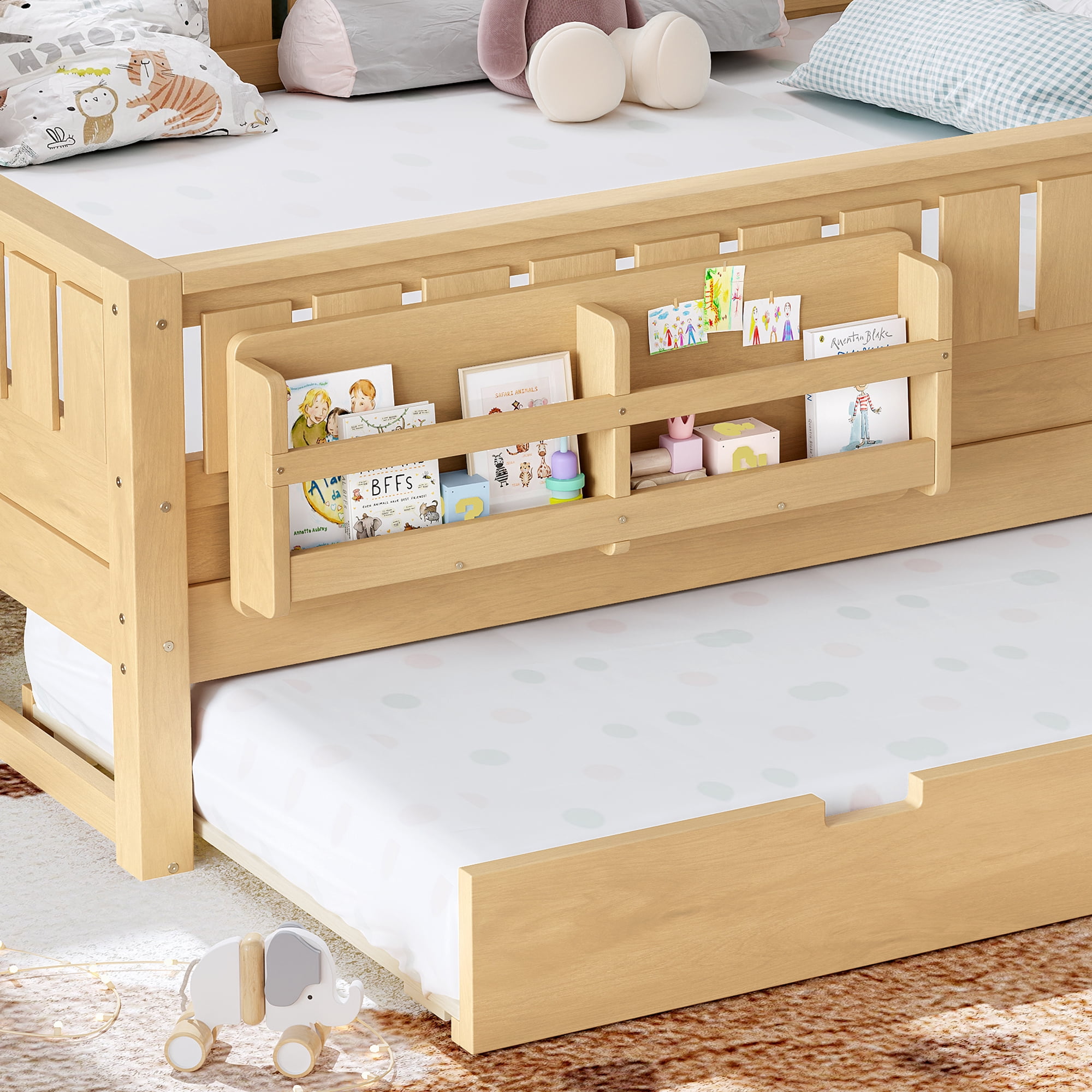 Queen Bed with Bookshelf and Trundle 83.8 Inch, Solid Wood Frame with Staircase and Safety Rails, Space-Saving Kids Bed with Storage, Light Natural