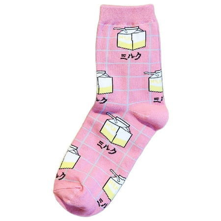 

Women Girl Kawaii Cartoon Milk Box Print Long Cotton Crew Socks Plaid Checks New