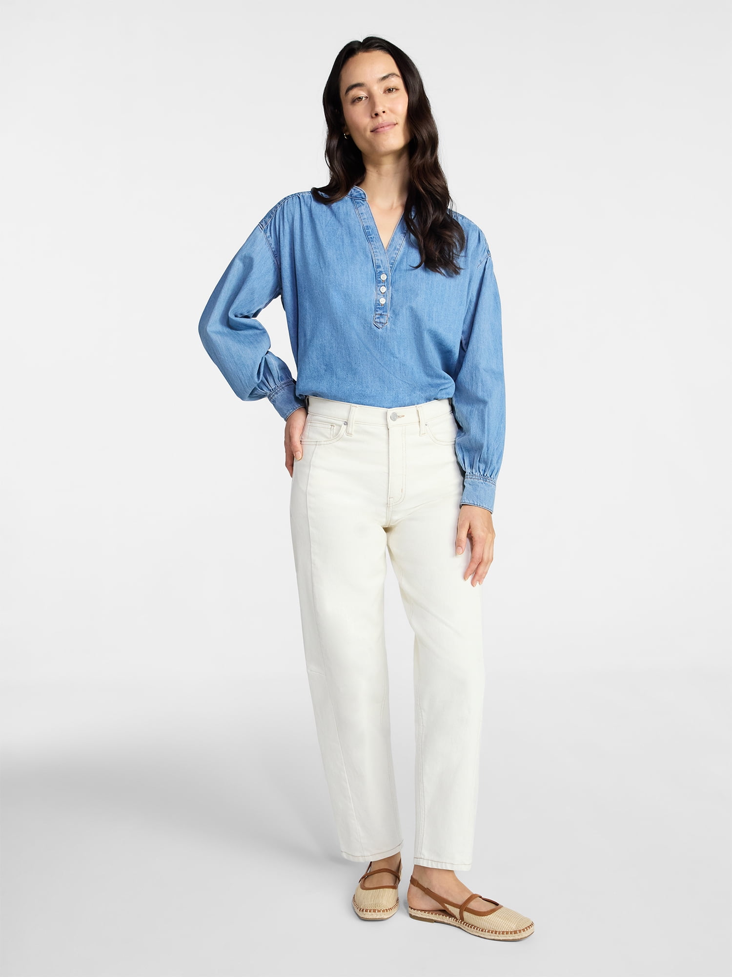Time and Tru Women's Popover Denim Top with Long Sleeves, Sizes XS-XXXL