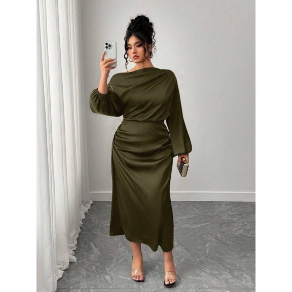 Army Green Satin Asymmetric Off-Shoulder Ruched Waist A-Line Midi Dress