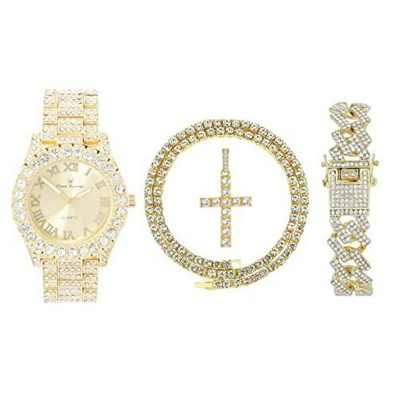 Charles Raymond Luxury Mens Iced Out Tennis Cross Necklace w/Diamond Quartz Wristwatch - Be Lit & Choose The Matching Blinged Out Cuban ZZ Bracelet Set - ST10327RN Gold Shiny Dial 3pc Set (24")