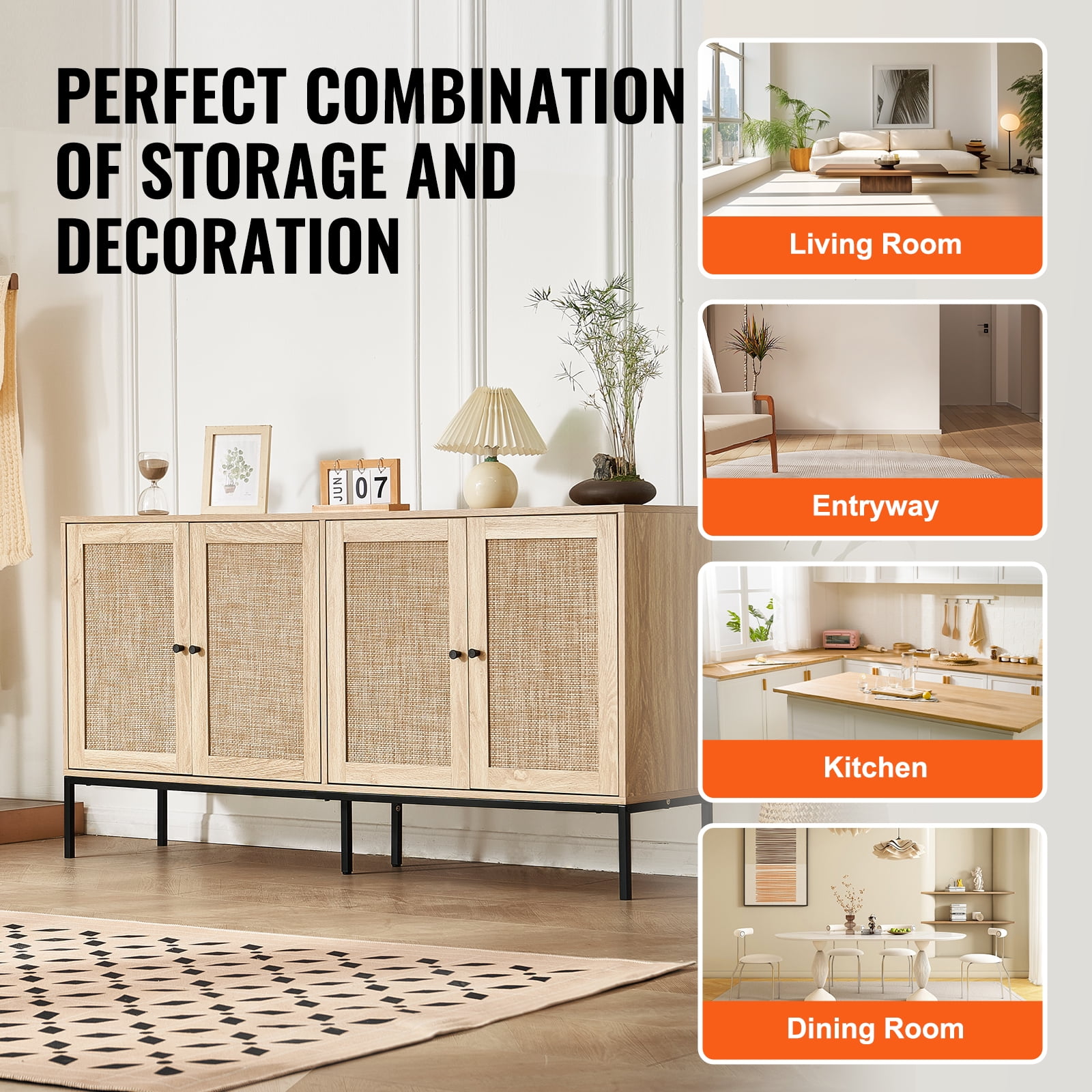 KFFKFF Wicker Cabinet, Wicker Storage Unit with 4 Magnetized Doors and Customizable Shelving, Multipurpose Cabinet for Corridor, Foyer, Lounge, or Kitchen, Organic