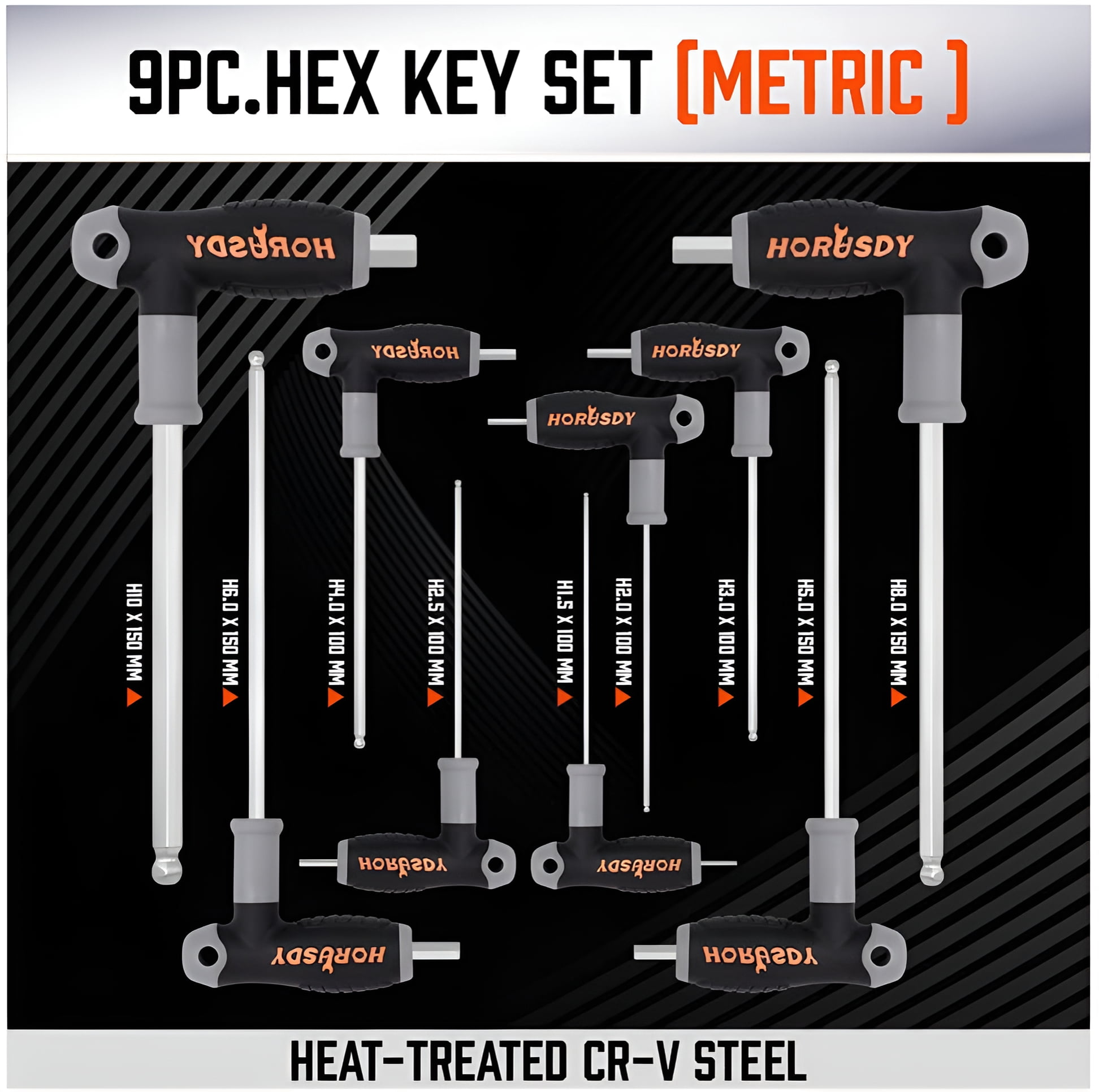 HORUSDY 18 Piece T-Handle Allen Wrench Set Inch / Metric Long Arm Ball End Hex Key Wrench Set MM(1.5mm-10mm) SAE(1/16"-3/8")
