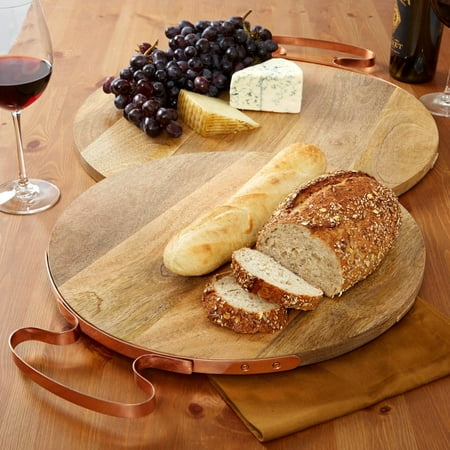 Gold Natural Wood Cheese Board - Round the Clock Wood Cheese Boards with Copper Handle, Set of 2