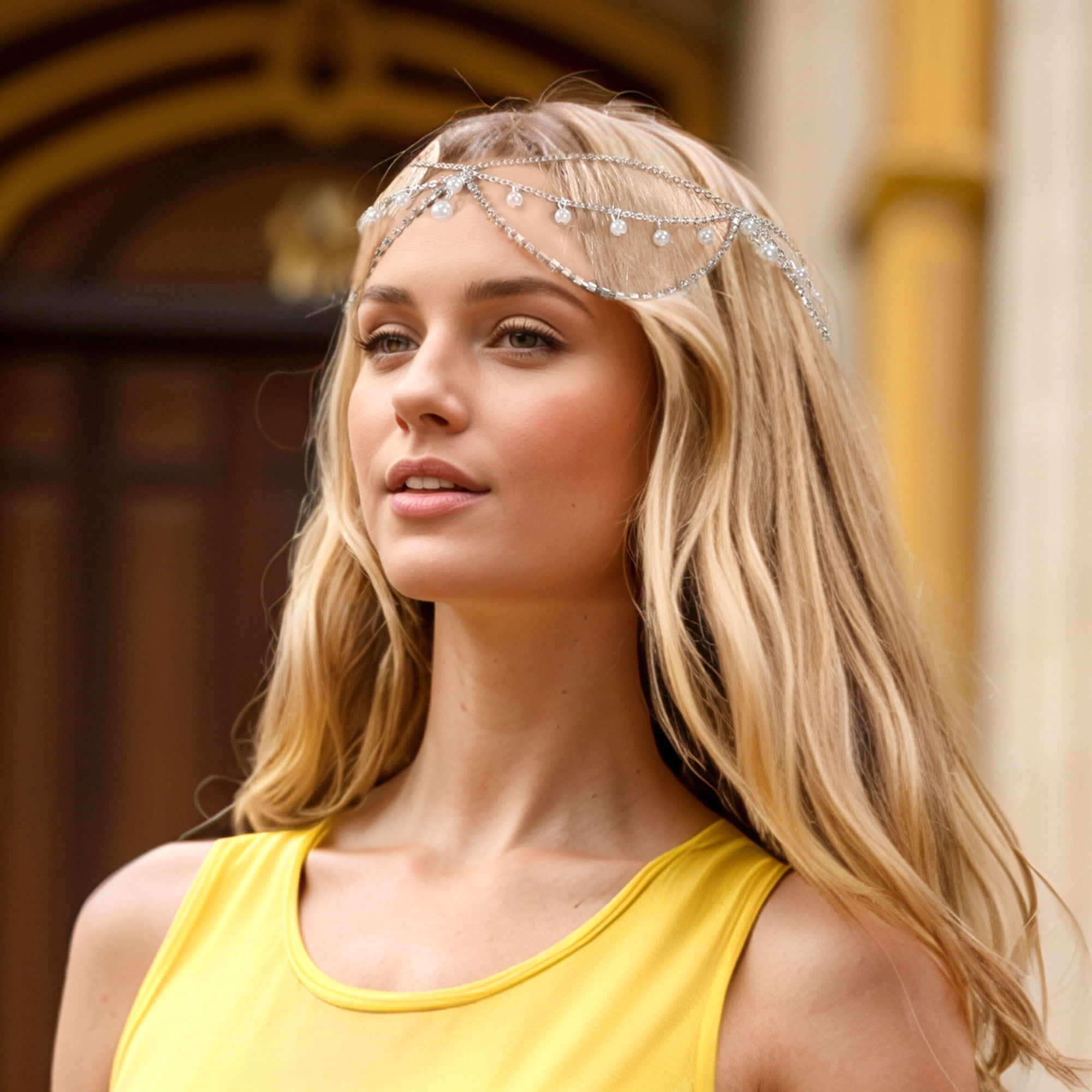 Unique Bargains Headpiece Multi-layered Rhinestone Faux Pearls Head Chain Silver Tone