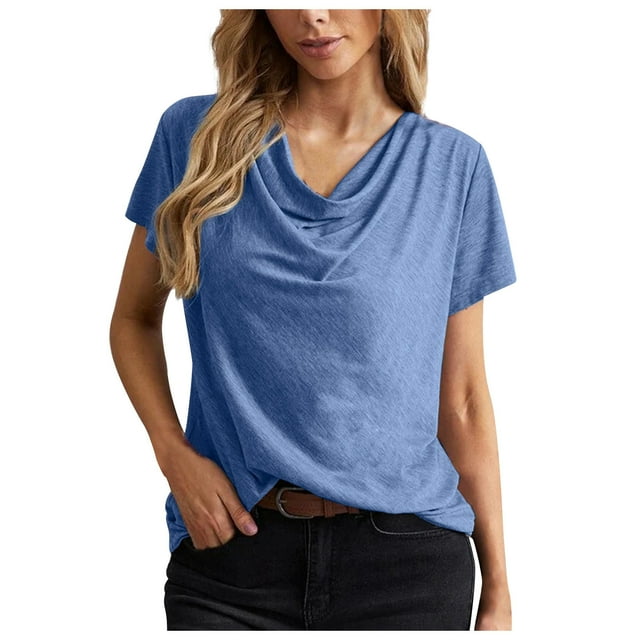 AherBiu Short Sleeve Tops for Women Cowl Neck Basic Solid Color Comfy Top Tees Shirts Blouse