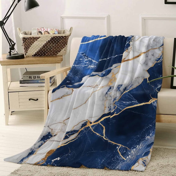 Fleece Blanket Navy Blue Grey Marble Blankets, Soft Cozy Warm Flannel Throw Blanket, Gold Foil Abstract Stripe Blanket for Bed Couch Sofa,40x50In