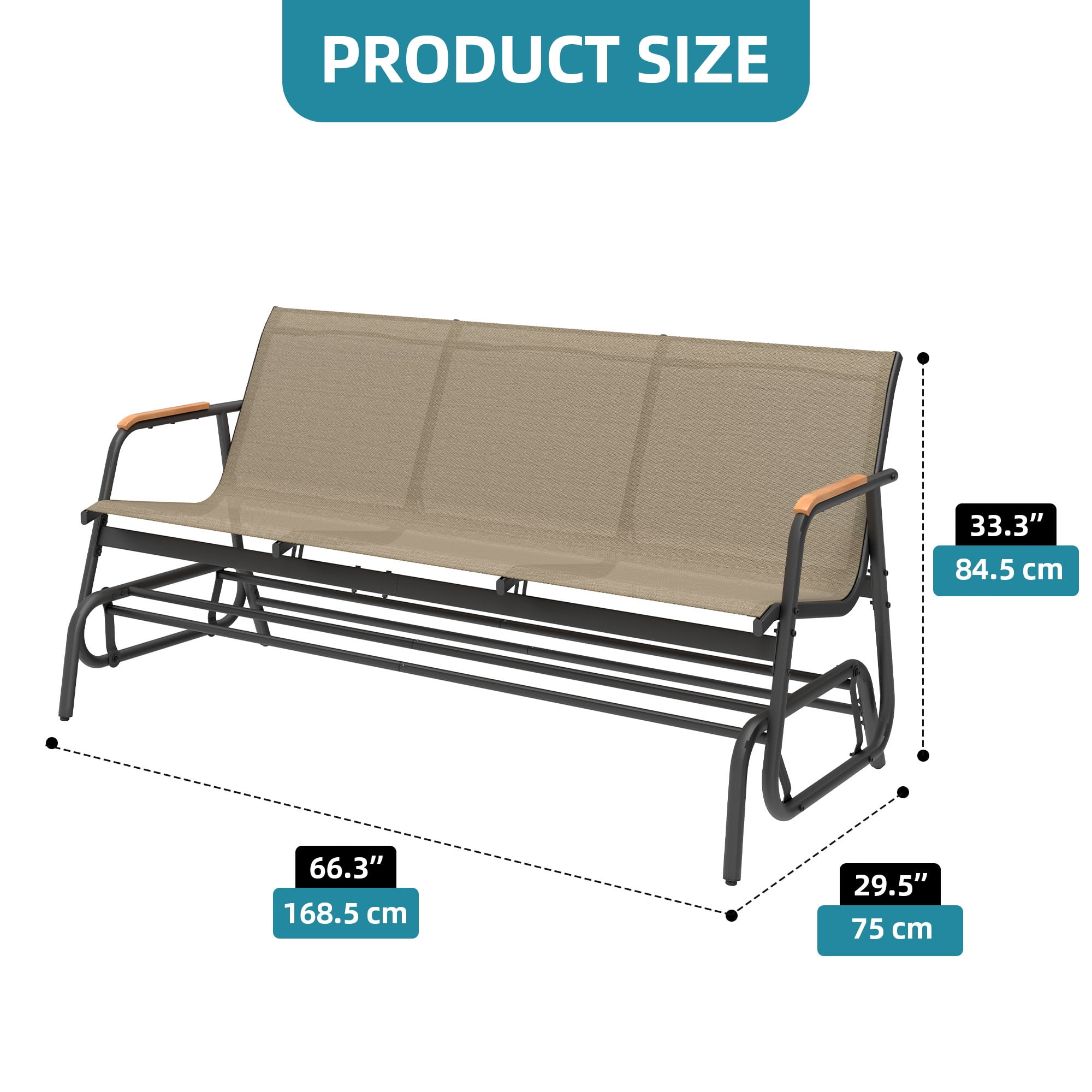 Uforic 3-Seat Patio Glider Bench, Outdoor Porch Swing with Breathable Textilene Mesh Fabric, Brown