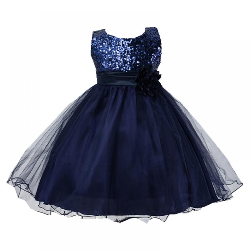 Little Girls Sleeveless Sequin Tulle Flower Dress Solid Dark Blue ...