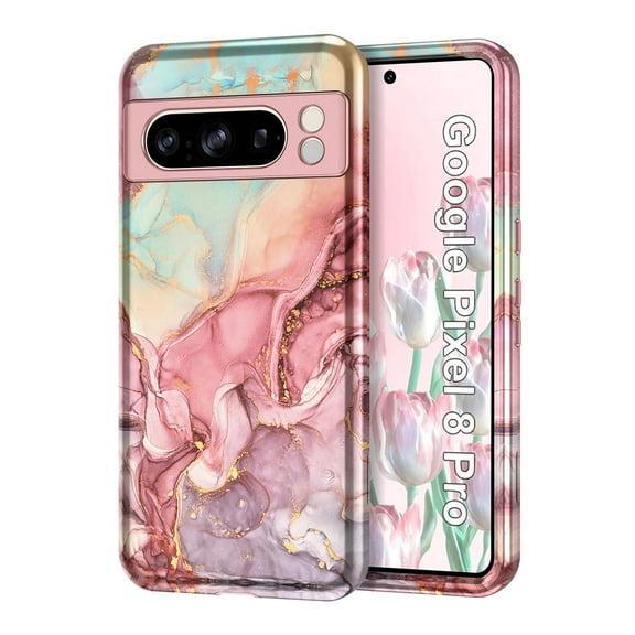 CASEFIV for Google Pixel 8 Pro Case (2023), Marble Pattern 3 in 1 Heavy Duty Shockproof Full Body Rugged Hard PC Soft Silicone Drop Protective Women Girl Cover,Rose Gold