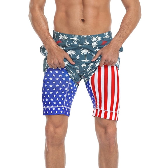 LRD Men's Swim Trunks with Compression Liner 9 Inch Inseam Board Short Patriotic Palms S