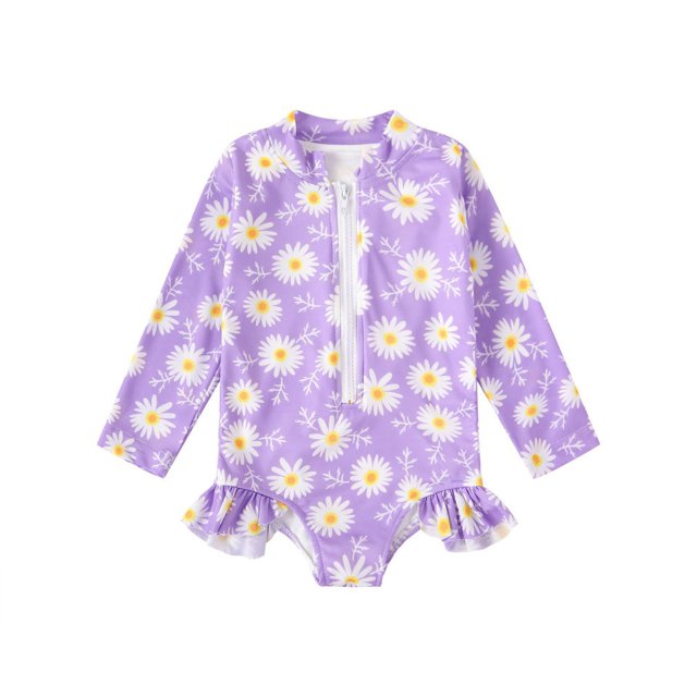 Luvoko Little Girls Elegant Ruffled Swimwear Bathing Suits, Long Swim Jacket Rash Guard Kids Childrens One-Piece Swimsuit with Cross-Back Straps Princess Bathing Suit Swim Shirts(Purple,3-4 Years)