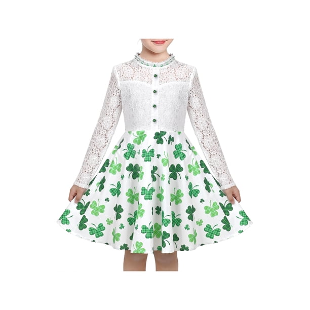 Vestido de Niña Verde con Encaje Floral Trébol de San Patricio Fiesta Festiva Manga Larga 14 Años