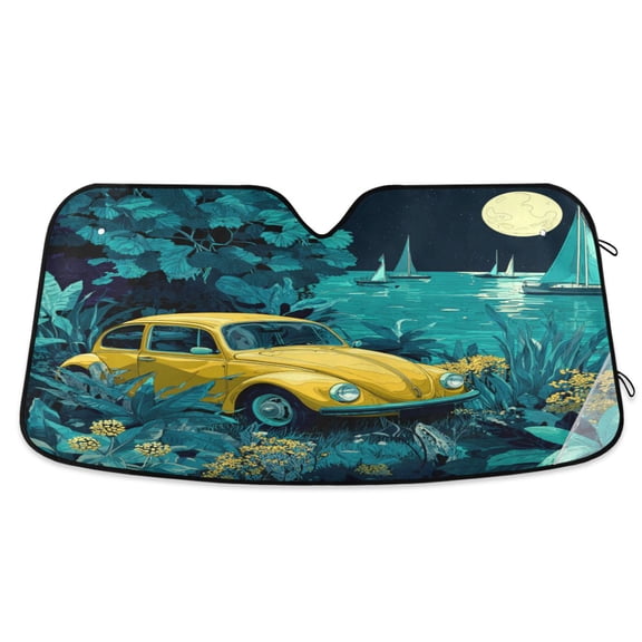 Foldable Car Windshield Sunshade UV Sun Visor Protector Blocks UV Rays Keeps Vehicle Cool 57x31.5 Inch Coastal Night Yellow Beetle