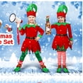 thumbnail image 3 of Conjunto de disfraz de elfo navideño para niñas y mujeres Disfraz de ayudante de Papá Noel Traje de fiesta navideña con sombrero de elfo Zapatos Cinturón Medias a rayas (140 cm) brillar Electrónica, 3 of 5