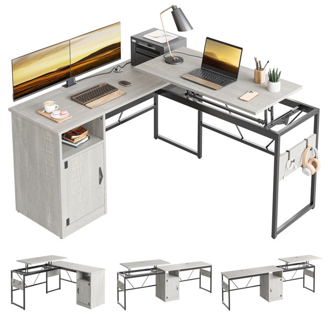 Bestier Versatile 60 Inch L-Shaped Standing Desk, Lift Top Corner Desk Extending to 95 Inches with Storage Cabinet and Hooks for Home Office, Washed White