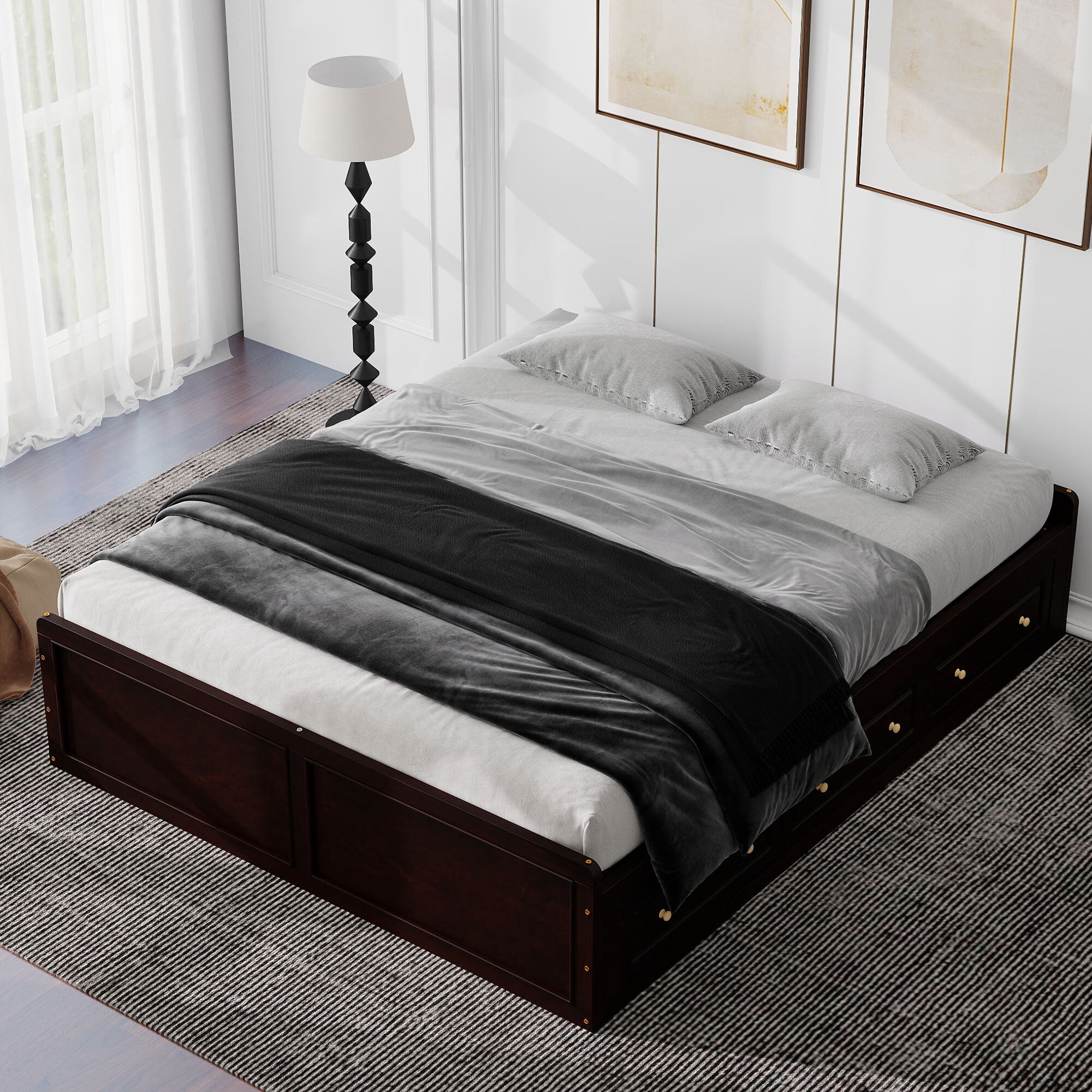 Euroco Wood Queen Size Platform Bed with 6 Drawers for Living Room, Espresso
