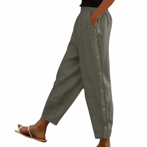 BLVB Cotton Linen Pants for Women Summer Wide Leg Elastic Waist Button Lounge Pant Drawstring Lightweight Beach Trousers